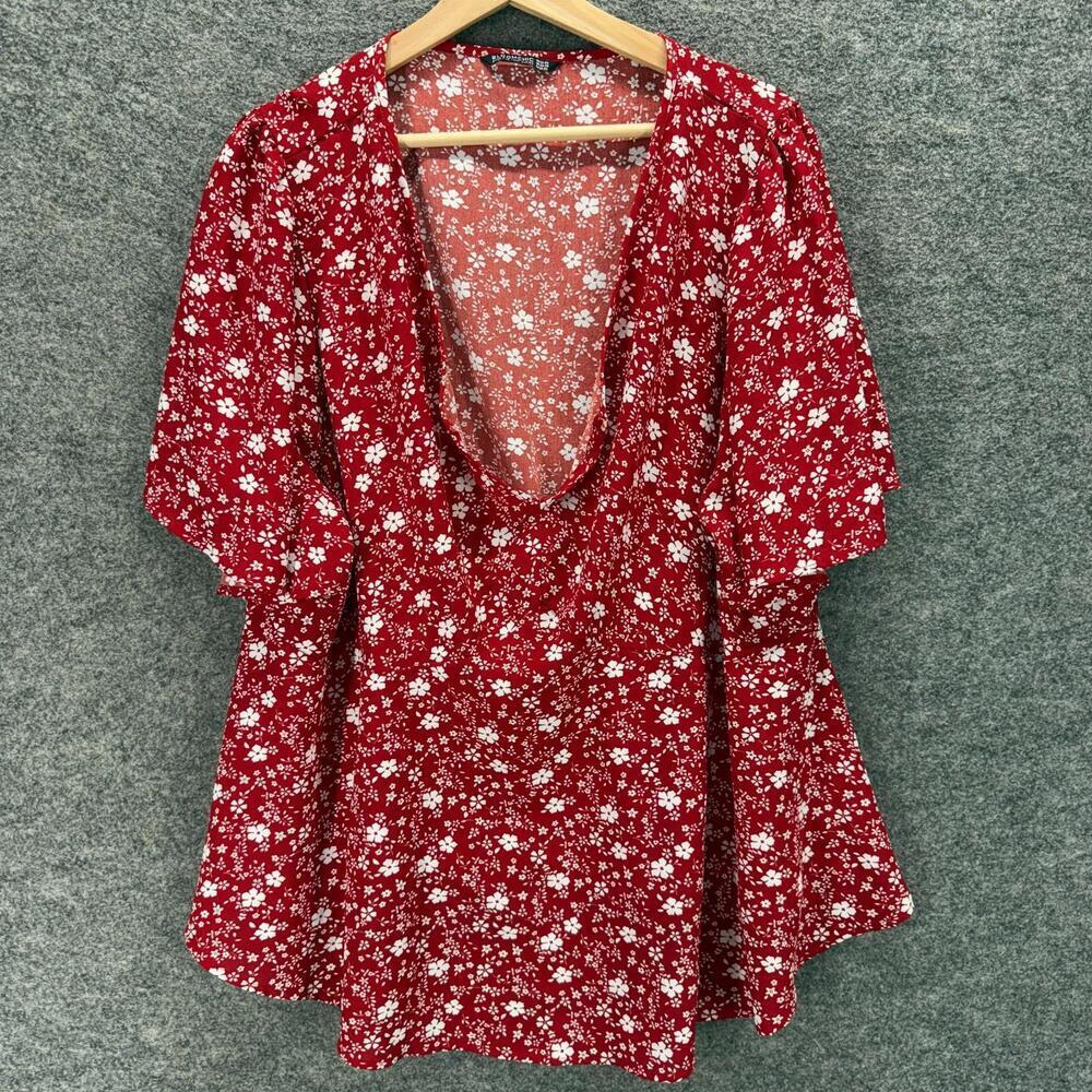 Bloomchic Blouse Women 22-24 Plus Red Floral V-Neck Short Sleeve Pullover Casual